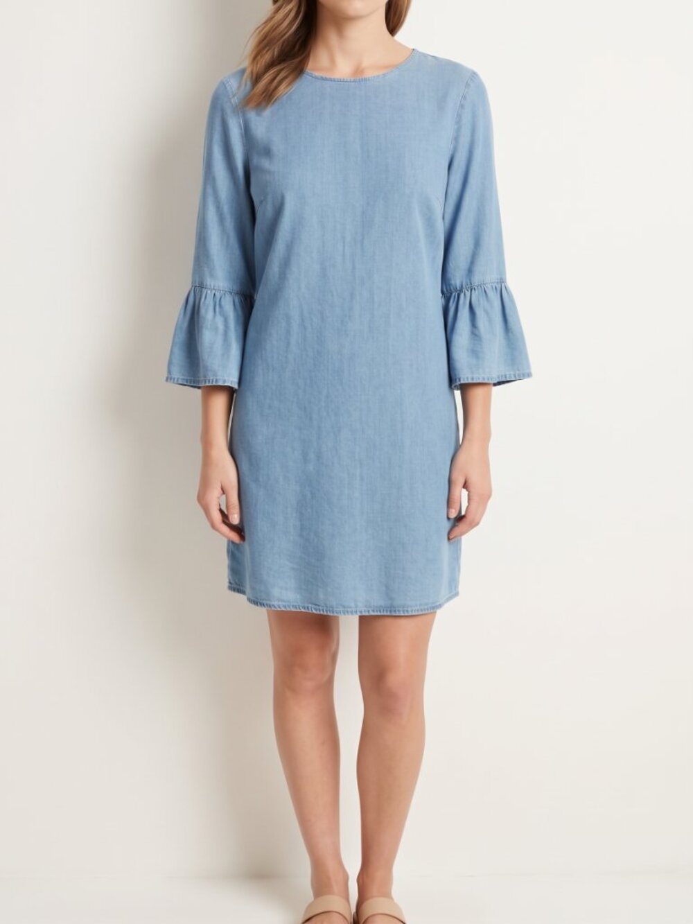 Zara Light Blue Denim Midi Dress with Ruffle Sleeves